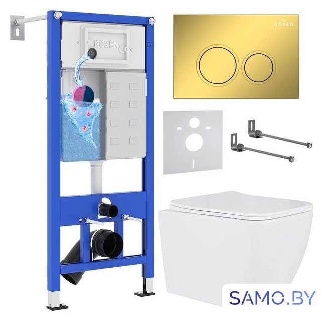 Унитаз подвесной Roxen Cube в комплекте с инсталляцией StounFix Dual Fresh 6 в 1 968014 (кнопка: золото глянцевое ) - Изображение №1 — Интернет-магазин samo.by
