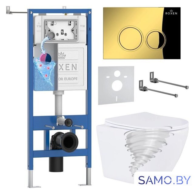 Унитаз подвесной Roxen Antares Tornado Long в комплекте с инсталляцией StounFix Dual Fresh 6 в 1 868431 (кнопка: золото глянцевая) - Изображение №1 — Интернет-магазин samo.by