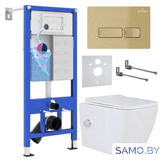 Унитаз подвесной Roxen Cube bidet в комплекте с инсталляцией StounFix Dual Fresh 6 в 1 968095 (кнопка: брашированное золото) - Изображение №1 — Интернет-магазин samo.by