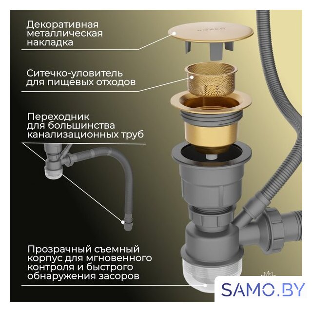 Кухонная мойка Roxen Simple 560220-60G-V золото/текстурная PVD покрытие (с коландером и дозатором) - Изображение №5 — Интернет-магазин samo.by
