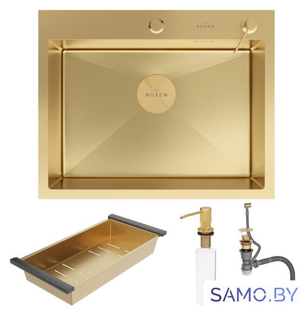 Кухонная мойка Roxen Simple 560220-60G-V золото/текстурная PVD покрытие (с коландером и дозатором) - Изображение №9 — Интернет-магазин samo.by
