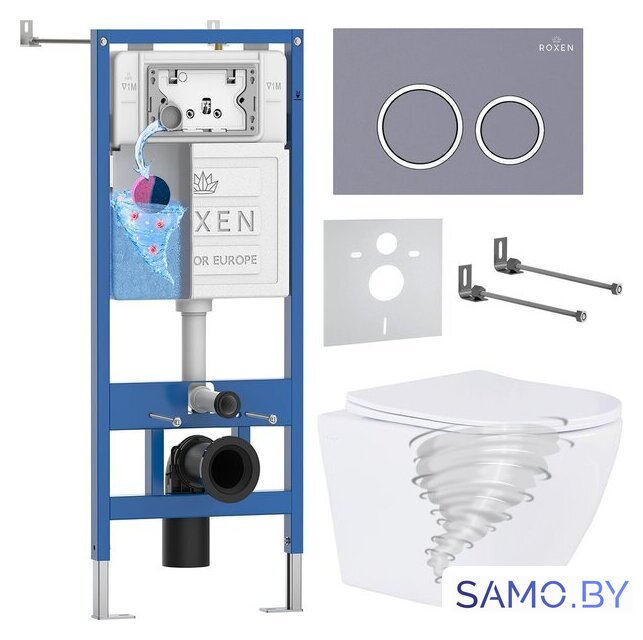 Унитаз подвесной Roxen Antares Tornado Long в комплекте с инсталляцией StounFix Dual Fresh 6 в 1 868430 (кнопка: серый бетон матовая) - Изображение №1 — Интернет-магазин samo.by