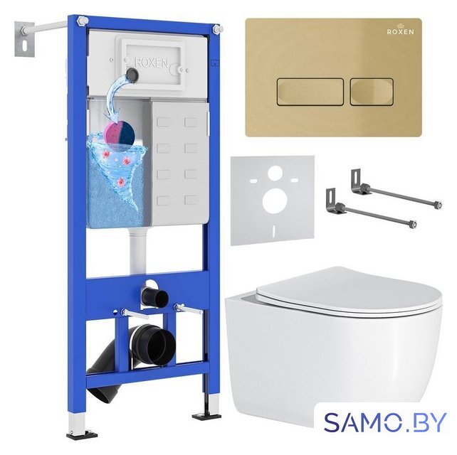 Унитаз подвесной Roxen Vortex в комплекте с инсталляцией StounFix Dual Fresh 6 в 1 968090 (кнопка: брашированное золото) - Изображение №1 — Интернет-магазин samo.by