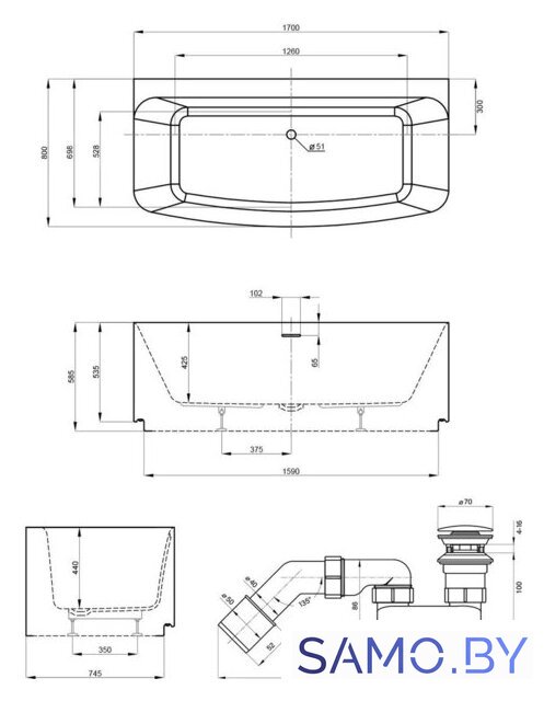 Ванна Wellsee Ground Breaking 170x80 28770102R (пристенная ванна белый глянец, экран, ножки, сифон-автомат глянцевый белый) - Изображение №10 — Интернет-магазин samo.by