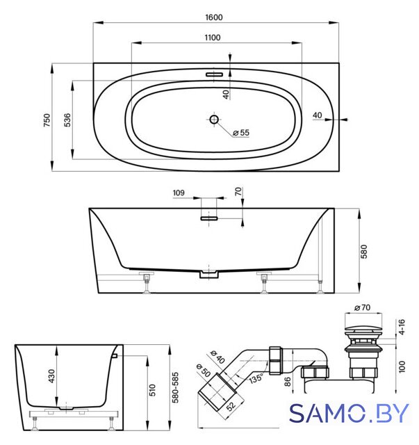Ванна Wellsee Belle Spa 2.0 160x75 235803001 (пристенная ванна (правая) белый глянец, экран, каркас, сифон-автомат хром) - Изображение №10 — Интернет-магазин samo.by