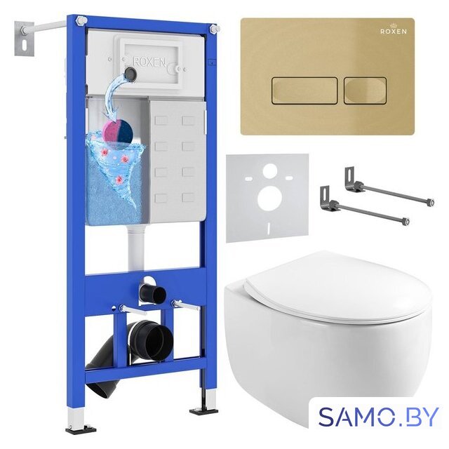 Унитаз подвесной Roxen Egg в комплекте с инсталляцией StounFix Dual Fresh 6 в 1 968085 (кнопка: брашированное золото) - Изображение №1 — Интернет-магазин samo.by