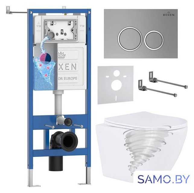 Унитаз подвесной Roxen Antares Tornado Long в комплекте с инсталляцией StounFix Dual Fresh 6 в 1 868427 (кнопка: хром матовый матовая) - Изображение №1 — Интернет-магазин samo.by
