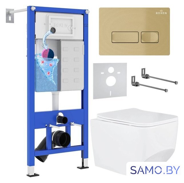 Унитаз подвесной Roxen Boro в комплекте с инсталляцией StounFix Dual Fresh 6 в 1 968081 (кнопка: брашированное золото) - Изображение №1 — Интернет-магазин samo.by