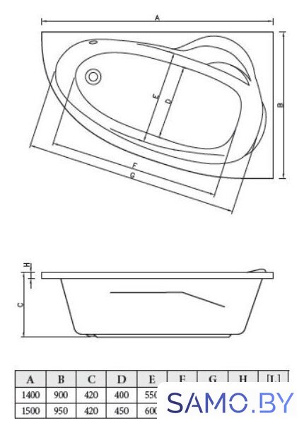 Ванна Bonito Home Emilia 150x95 R BH-EM-103-150P/St (с ножками и экраном) - Изображение №3 — Интернет-магазин samo.by