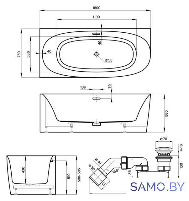 Ванна Wellsee Belle Spa 2.0 160x75 235802002 (пристенная ванна (левая) белый глянец, экран, каркас, сифон-автомат глянцевый белый) - Изображение №10 — Интернет-магазин samo.by