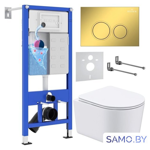 Унитаз подвесной Roxen Simple compact в комплекте с инсталляцией StounFix Dual Fresh 6 в 1 968026 (кнопка: золото глянцевое ) - Изображение №1 — Интернет-магазин samo.by