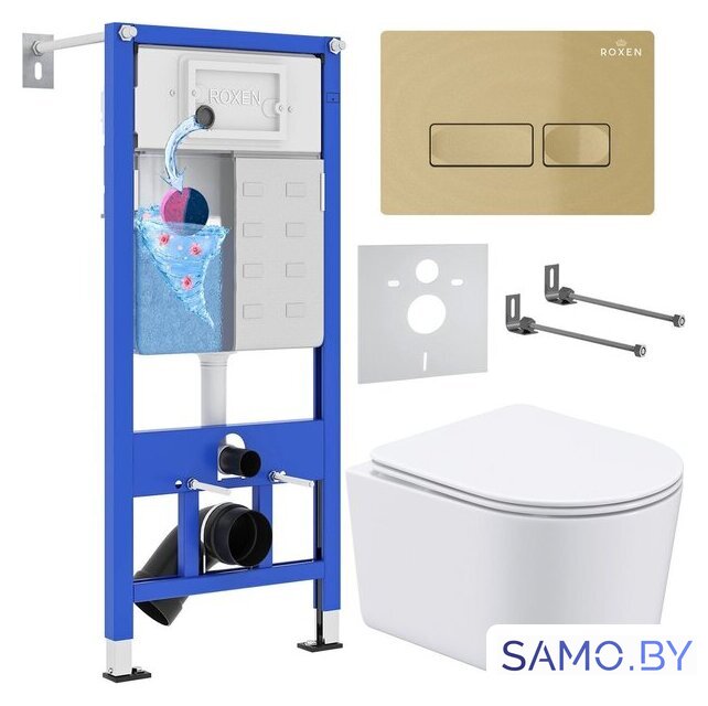 Унитаз подвесной Roxen Simple compact в комплекте с инсталляцией StounFix Dual Fresh 6 в 1 968084 (кнопка: брашированное золото) - Изображение №1 — Интернет-магазин samo.by