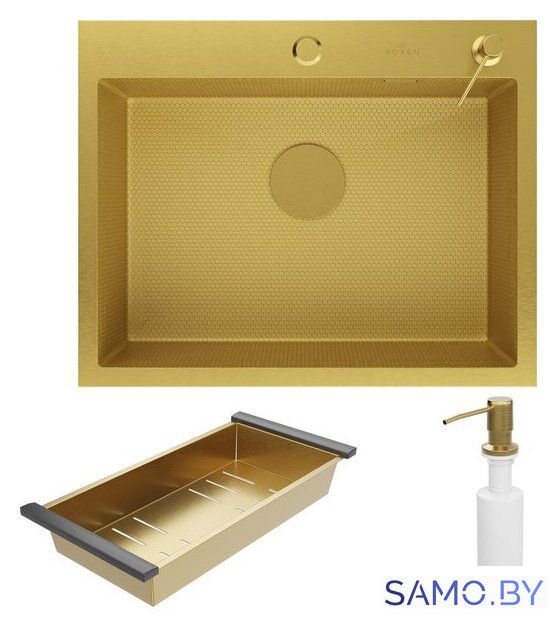 Кухонная мойка Roxen Snake 560220-60-GS PVD Gold золотая/текстурная (с коландером и дозатором) - Изображение №3 — Интернет-магазин samo.by