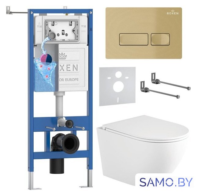 Унитаз подвесной Roxen Antares Tornado Long в комплекте с инсталляцией StounFix Dual Fresh 6 в 1 868418 (кнопка: брашированное золото матовая) - Изображение №1 — Интернет-магазин samo.by