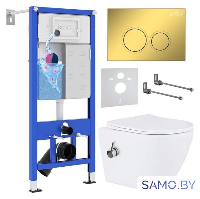 Унитаз подвесной Roxen Antares bidet в комплекте с инсталляцией StounFix Dual Fresh 6 в 1 968097 (кнопка: золото глянцевое ) - Изображение №1 — Интернет-магазин samo.by