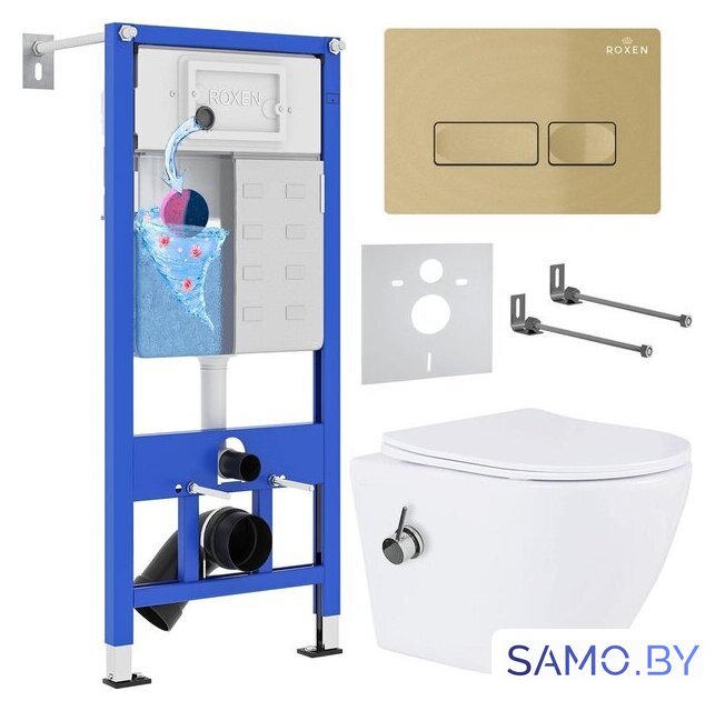 Унитаз подвесной Roxen Antares Bidet в комплекте с инсталляцией StounFix Dual Fresh 6 в 1 968099 (кнопка: брашированное золото) - Изображение №1 — Интернет-магазин samo.by