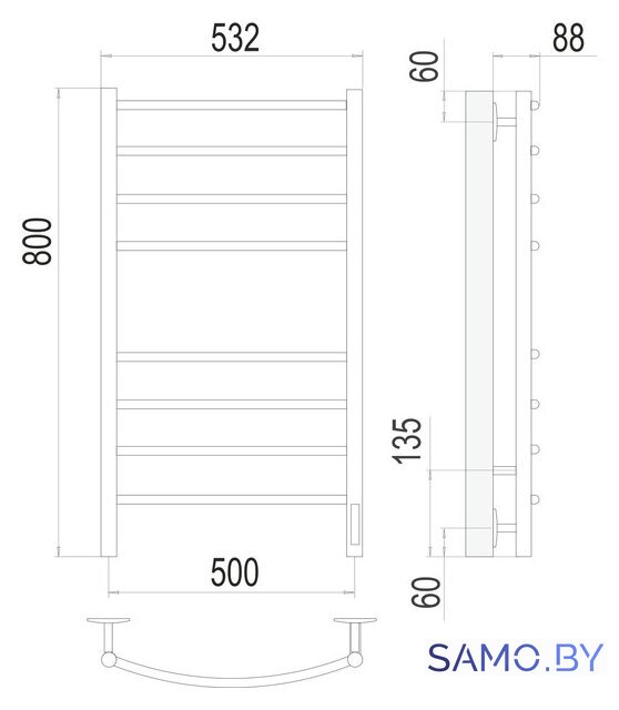 Полотенцесушитель TERMINUS Классик П8 500x800 КС 9005 бп электро (черный) - Изображение №3 — Интернет-магазин samo.by