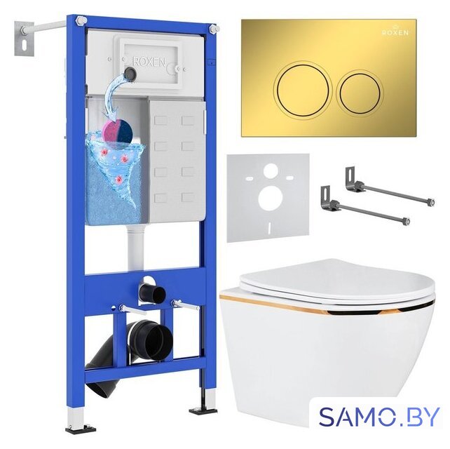 Унитаз подвесной Roxen Antares Gold в комплекте с инсталляцией StounFix Dual Fresh 6 в 1 968092 (кнопка: золото глянцевое ) - Изображение №1 — Интернет-магазин samo.by