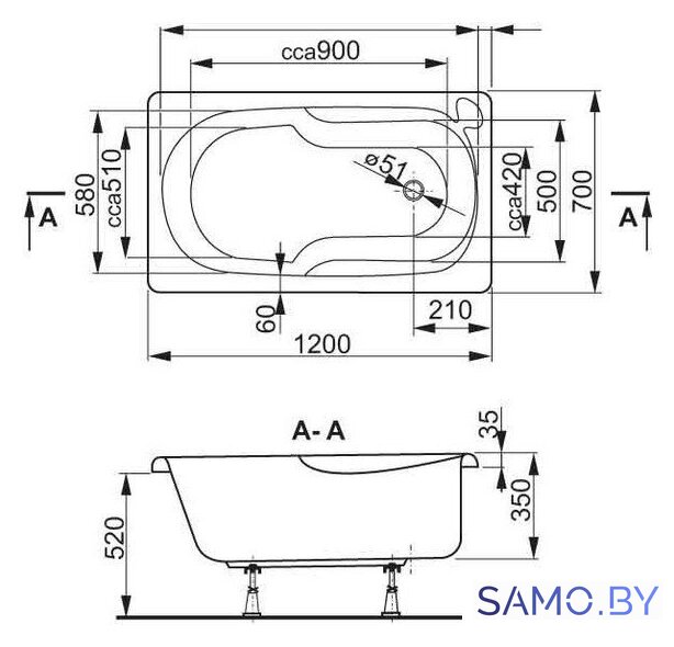 Ванна VagnerPlast Nike 120x70 - Изображение №3 — Интернет-магазин samo.by