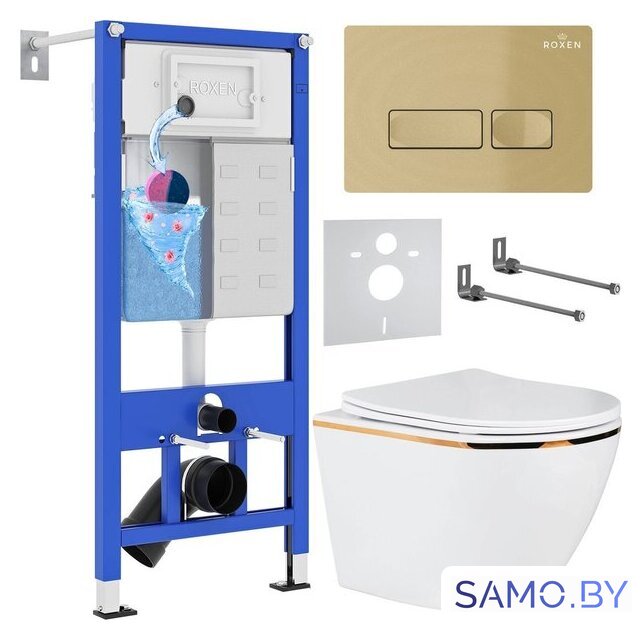 Унитаз подвесной Roxen Antares Gold 968096 в комплекте с инсталляцией StounFix Dual Fresh 6 в 1 968096 (кнопка: брашированное золото) - Изображение №1 — Интернет-магазин samo.by