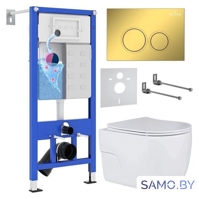 Унитаз подвесной Roxen Porto в комплекте с инсталляцией StounFix Dual Fresh 6 в 1 968015 (кнопка: золото глянцевое ) - Изображение №1 — Интернет-магазин samo.by