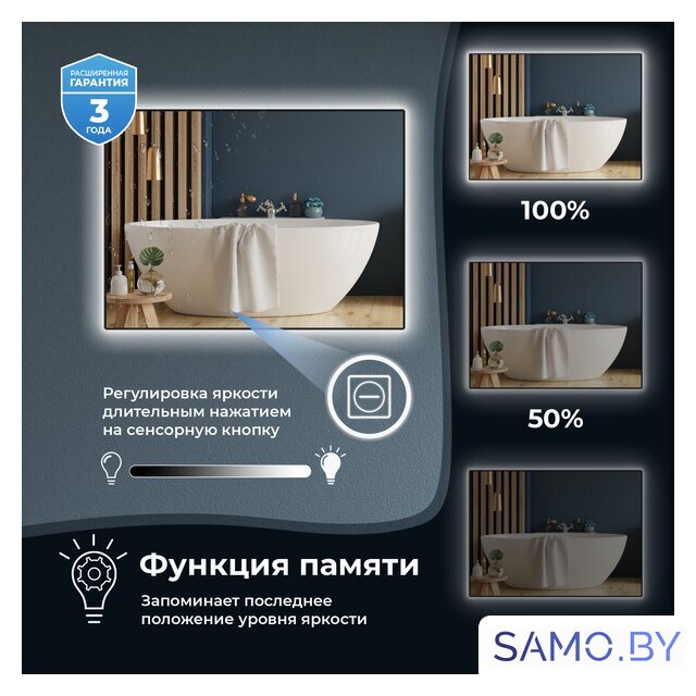  Wellsee Зеркало с фоновой LED-подсветкой 7 Rays' Spectrum 172201020, 70 х 100 см (с сенсором и регулировкой яркости освещения) - Изображение №5 — Интернет-магазин samo.by