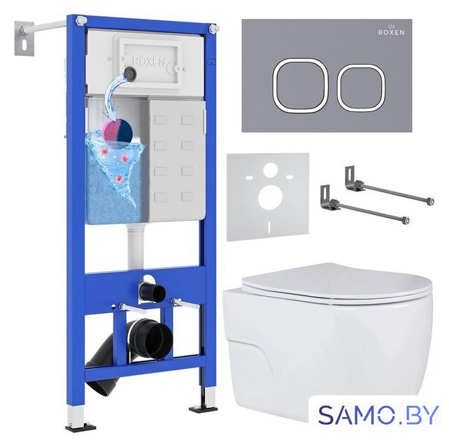 Унитаз подвесной Roxen Porto в комплекте с инсталляцией StounFix Dual Fresh 6 в 1 966397 (кнопка: серый бетон) - Изображение №1 — Интернет-магазин samo.by
