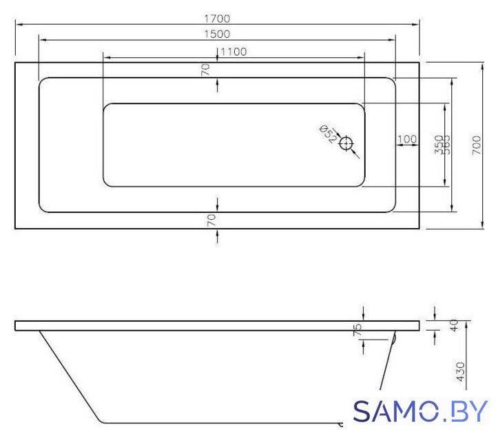 Ванна Bonito Home Saga 170x70 BH-SA-206-170-70/St (с ножками) - Изображение №4 — Интернет-магазин samo.by