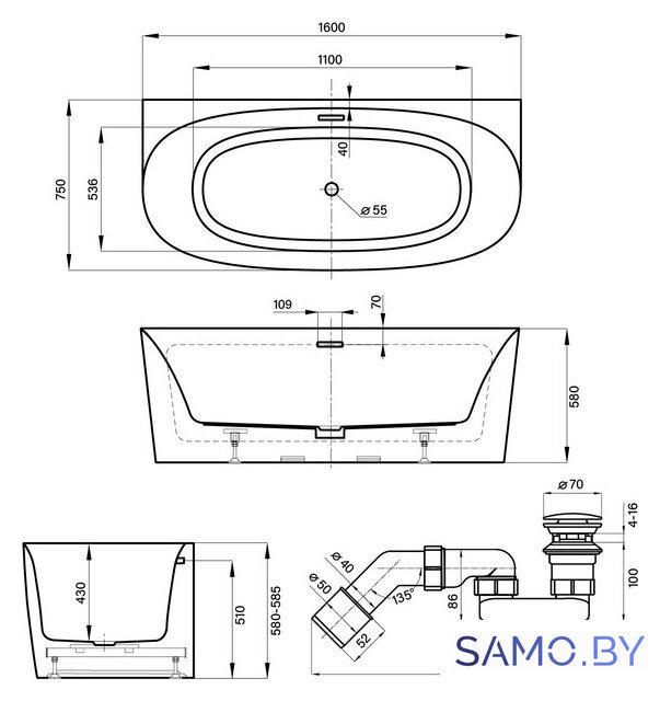 Ванна Wellsee Belle Spa 2.0 160x75 235801001 (пристенная ванна белый глянец, экран, ножки, сифон-автомат хром) - Изображение №10 — Интернет-магазин samo.by