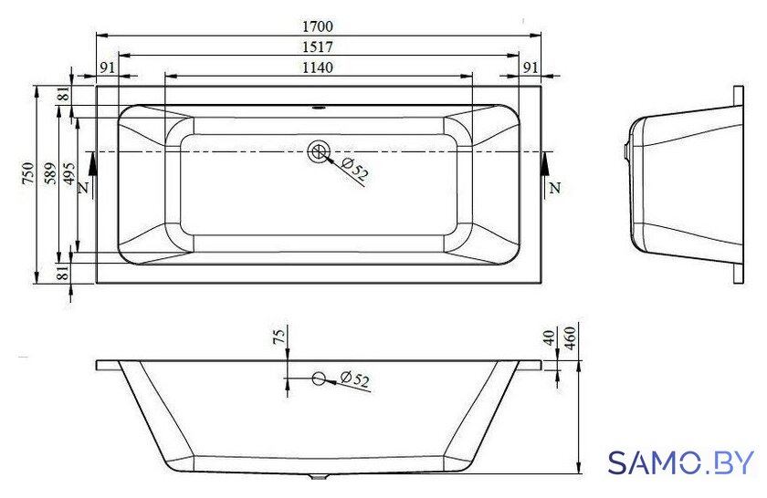 Ванна Bonito Home Oslo 170x75 BH-OS-701-170-75/Su (с ножками) - Изображение №3 — Интернет-магазин samo.by