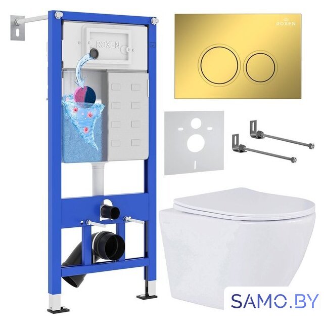Унитаз подвесной Roxen Antares в комплекте с инсталляцией StounFix Dual Fresh 6 в 1 968010 (кнопка: золото глянцевое ) - Изображение №1 — Интернет-магазин samo.by
