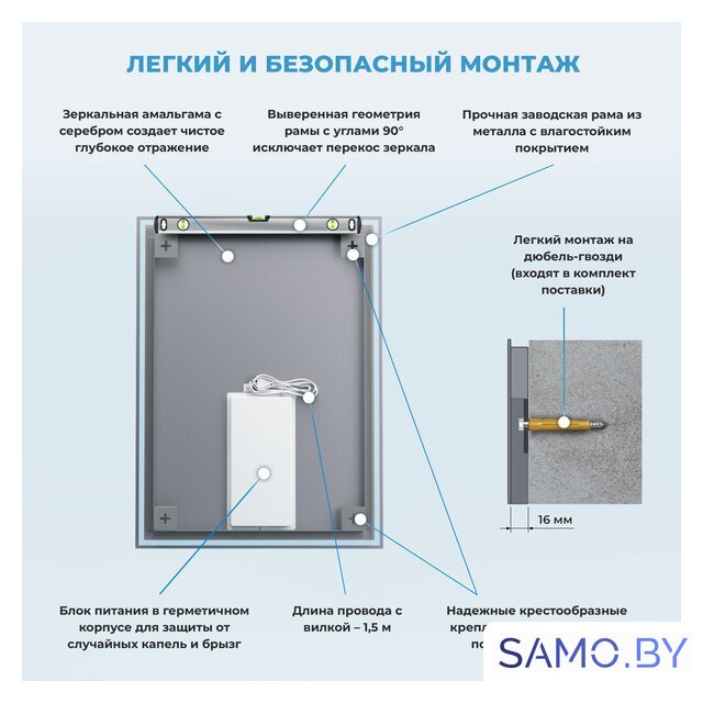  Wellsee Зеркало с фоновой LED-подсветкой 7 Rays' Spectrum 172200980, 70 х 85 см (с сенсором и регулировкой яркости освещения) - Изображение №7 — Интернет-магазин samo.by
