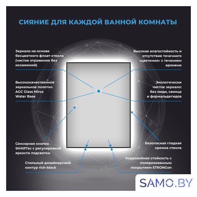  Wellsee Зеркало с фоновой LED-подсветкой 7 Rays' Spectrum 172200980, 70 х 85 см (с сенсором и регулировкой яркости освещения) - Изображение №3 — Интернет-магазин samo.by