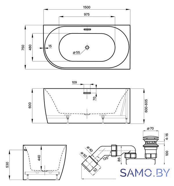 Ванна Wellsee Belle Spa 150x75 235702003 (пристенная ванна (правая) белый глянец, экран, каркас, сифон-автомат матовый черный) - Изображение №10 — Интернет-магазин samo.by