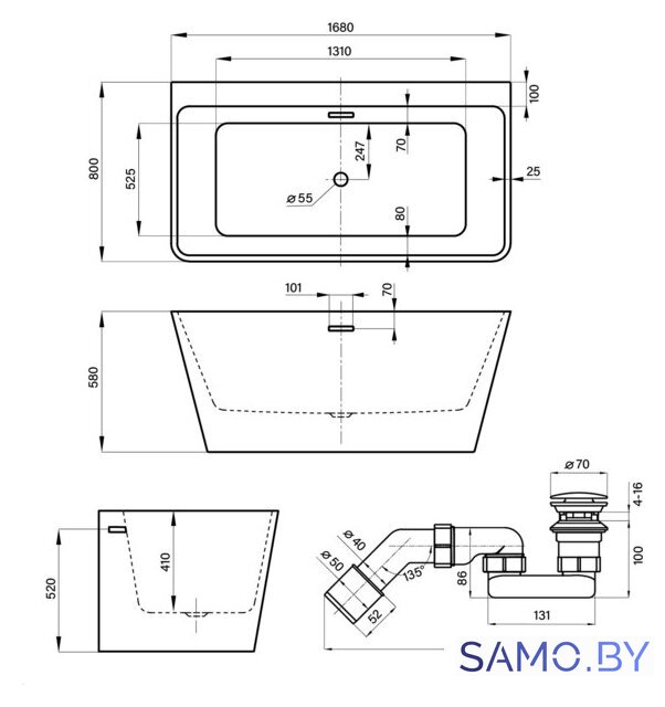 Ванна Wellsee Graceful Pro 168x80 230903003 (отдельностоящая ванна белый глянец, экран, ножки, сифон-автомат матовый черный) - Изображение №10 — Интернет-магазин samo.by