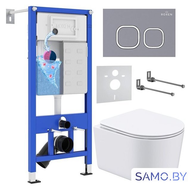 Унитаз подвесной Roxen Simple Compact в комплекте с инсталляцией StounFix Dual Fresh 6 в 1 966428 (кнопка: серый бетон) - Изображение №1 — Интернет-магазин samo.by
