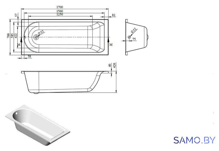 Ванна Bonito Home Bora 170x70 BH-BO-801-170/St (с ножками) - Изображение №4 — Интернет-магазин samo.by