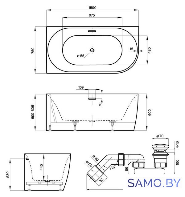Ванна Wellsee Belle Spa 150x75 235701004 (пристенная ванна (левая) белый глянец, экран, каркас, сифон-автомат золото) - Изображение №10 — Интернет-магазин samo.by