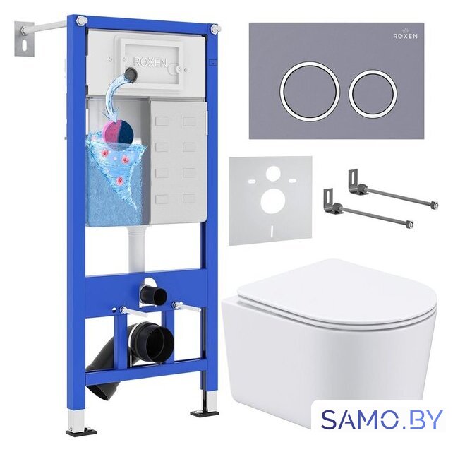 Унитаз подвесной Roxen Simple Compact в комплекте с инсталляцией StounFix Dual Fresh 6 в 1 966133 (кнопка: серый бетон) - Изображение №1 — Интернет-магазин samo.by