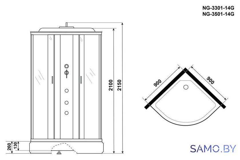 Душевая кабина Niagara NG-3301-14G 90x90x215 (матовое стекло) - Изображение №3 — Интернет-магазин samo.by