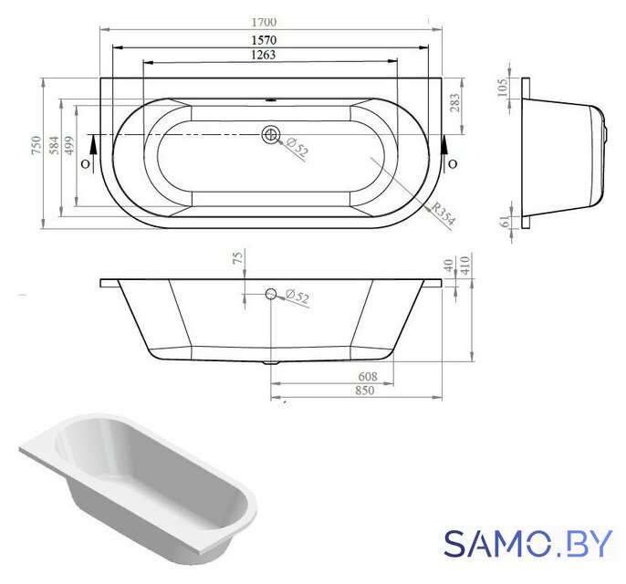 Ванна Bonito Home Aura 170x75 BH-AU-104-170W/St (с ножками) - Изображение №5 — Интернет-магазин samo.by