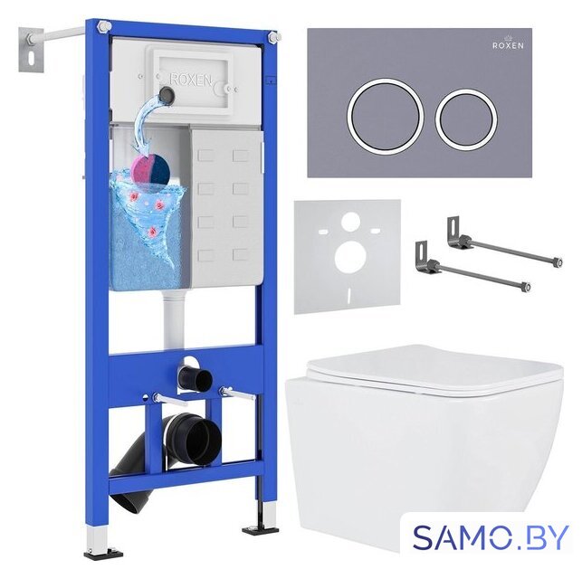 Унитаз подвесной Roxen Cube в комплекте с инсталляцией StounFix Dual Fresh 6 в 1 966075 (кнопка: серый бетон) - Изображение №1 — Интернет-магазин samo.by