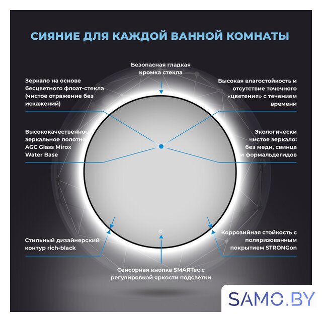  Wellsee Зеркало с фоновой LED-подсветкой 7 Rays' Spectrum 172200140, 75 х 75 см (с сенсором и регулировкой яркости освещения) - Изображение №3 — Интернет-магазин samo.by