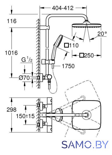Душевая система  Grohe Tempesta System 250 Cube 26689001 - Изображение №6 — Интернет-магазин samo.by
