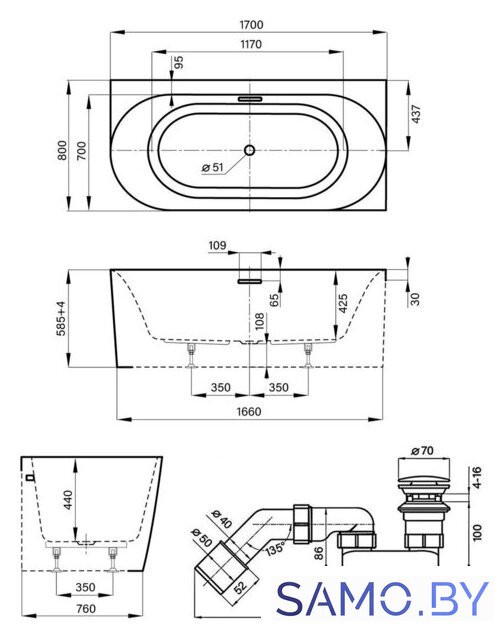 Ванна Wellsee Collaro 170x80 28910501R (пристенная ванна (правая) белый глянец, экран, ножки, сифон-автомат хром) - Изображение №10 — Интернет-магазин samo.by