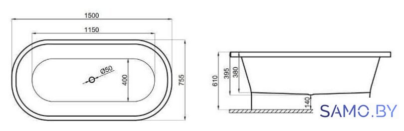 Ванна Polimat Amona 150x75 (отдельностощая, белый) - Изображение №3 — Интернет-магазин samo.by