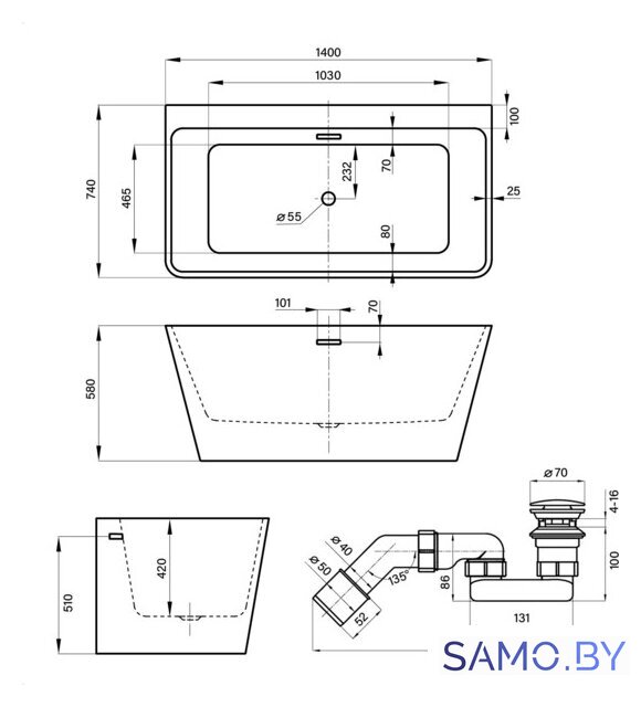 Ванна Wellsee Graceful Pro 140x74 230901003 (отдельностоящая ванна белый глянец, экран, ножки, сифон-автомат матовый черный) - Изображение №10 — Интернет-магазин samo.by