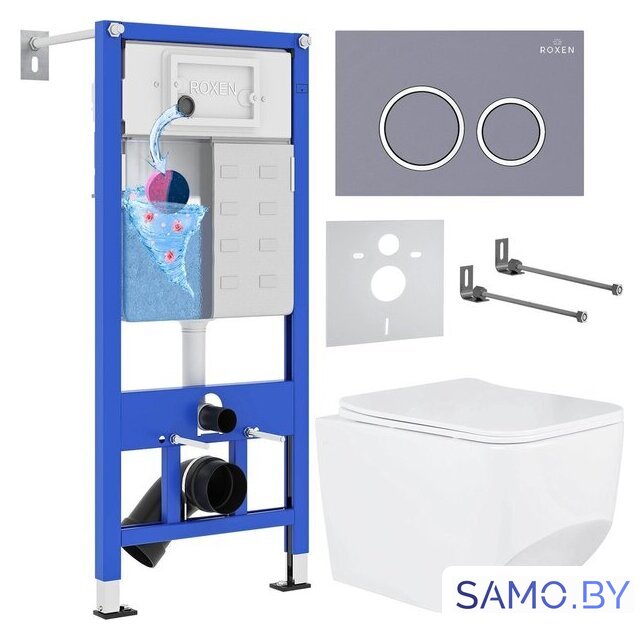 Унитаз подвесной Roxen Boro в комплекте с инсталляцией StounFix Dual Fresh 6 в 1 966110 (кнопка: серый бетон) - Изображение №2 — Интернет-магазин samo.by