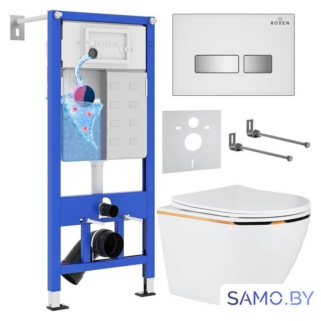 Унитаз подвесной Roxen Antares Gold в комплекте с инсталляцией StounFix Dual Fresh 6 в 1 904965 (белое стекло) - Изображение №1 — Интернет-магазин samo.by