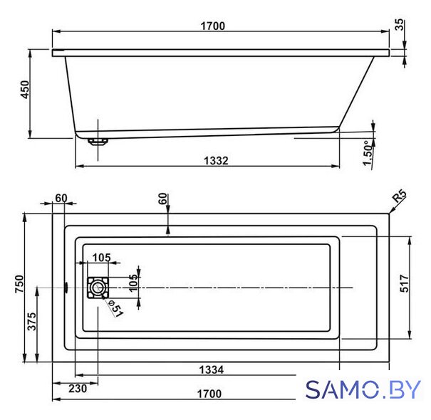 Ванна VagnerPlast Cavallo 170 - Изображение №3 — Интернет-магазин samo.by